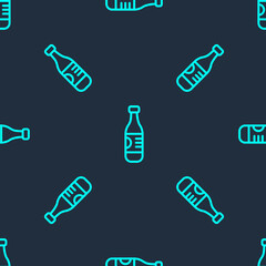 Green line Bottle of water icon isolated seamless pattern on blue background. Soda aqua drink sign. Vector.