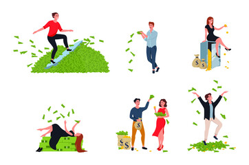 Happy Characters Man And Woman Millionaire. Financial success, lottery win, fortune, good luck concept. 