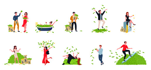 Fototapeta na wymiar Rich people flat vector illustrations set. Financial success, lottery win, fortune, good luck concept. Millionaire or banker happy cartoon character with bundles of money, throwing and jumping.