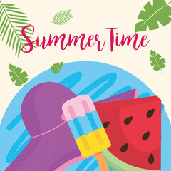 summer time watermelon ice cream and hat vector design