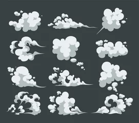 Foto auf Glas Cartoon smoke set. Smoking car motion clouds cooking smog smell. Steam smoke clouds of cigarettes or expired old food vector cooking cartoon icons. © SERHII