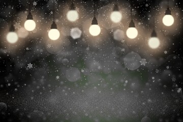 beautiful shining glitter lights defocused bokeh abstract background with light bulbs and falling snow flakes fly, holiday mockup texture with blank space for your content