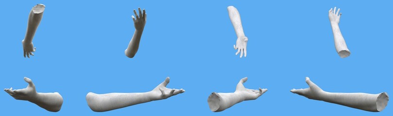 8 grey stone statue hand renders isolated on blue, lights and shadows distribution example for artists or painters - 3d illustration of objects