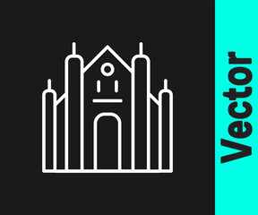 White line Milan Cathedral or Duomo di Milano icon isolated on black background. Famous landmark of Milan, Italy. Vector.
