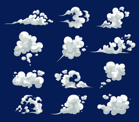 Cartoon smoke clouds. Comic smoke flows, dust, smog and smoke steaming cloud silhouettes.  Comic energy explosion. Bomb dynamites detonators. 