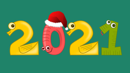Happy New Year 2021. Kids numbers. Christmas. Cute numbers. Santa claus hat.
