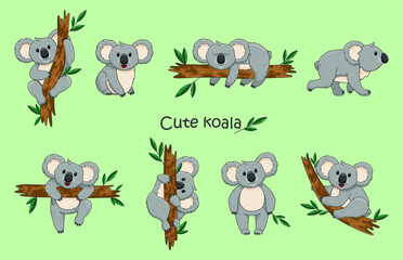 Cute grey koala bear sit on wood branch. Vector exotic cuddly characters set.  Design print for textiles, t-shirts, banner, background, nursery.
