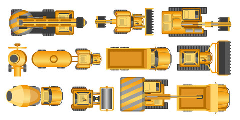 Construction machinery. Top view. Construction engineering. View from above.