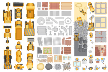 Construction. Top view. Construction machinery, building materials, buildings. View from above.Печать