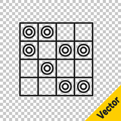 Black line Board game of checkers icon isolated on transparent background. Ancient Intellectual board game. Chess board. White and black chips. Vector.