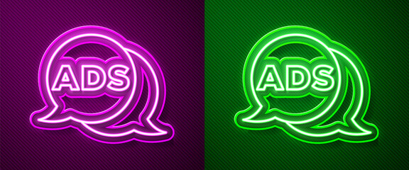 Glowing neon line Advertising icon isolated on purple and green background. Concept of marketing and promotion process. Responsive ads. Social media advertising. Vector.