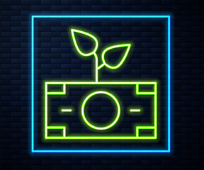 Glowing neon line Money plant in the pot icon isolated on brick wall background. Business investment growth concept. Money savings and investment. Vector.