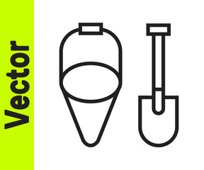 Black line Fire shovel and cone bucket icon isolated on white background. Vector.