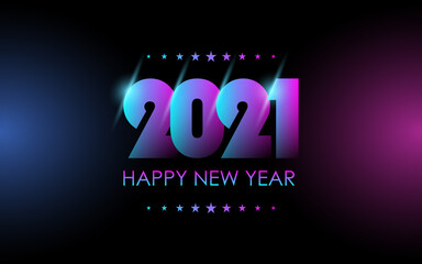 happy new year 2021 font effect in 3d with glowing neon light color background