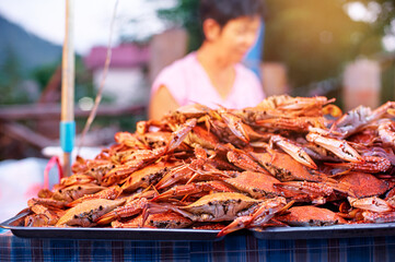 Boiled or steamed sea crab premium grade seafood at Thai street food market in Thailand.