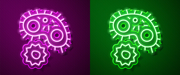 Glowing neon line Virus icon isolated on purple and green background. Corona virus 2019-nCoV. Bacteria and germs, cell cancer, microbe, fungi. Vector.