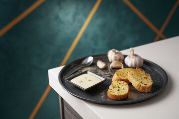 A delicious homemade garlic bread and mushroom soup for healthy breakfast