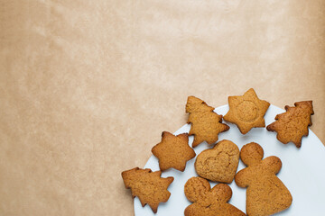 Christams cookies with copy space. Gingerbread on plate.