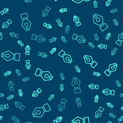 Green line Fountain pen nib icon isolated seamless pattern on blue background. Pen tool sign. Vector.