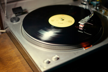 Turntable vinyl record player. Retro audio equipment for disc jockey. Sound technology for DJ to mix & play music.