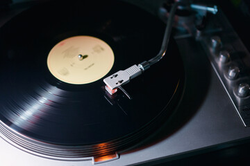 Turntable vinyl record player. Retro audio equipment for disc jockey. Sound technology for DJ to...