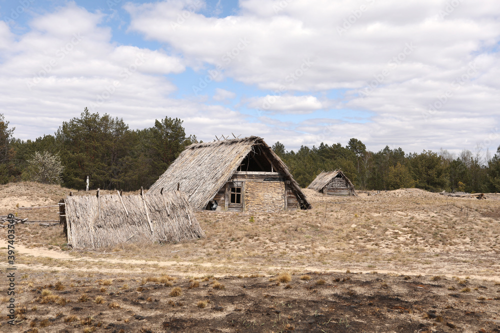 Wall mural traditional old rustic building with a roof covered with straw on early spring day, Ukraine. tourist place