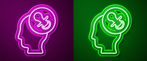 Glowing neon line Baby dummy pacifier icon isolated on purple and green background. Toy of a child. Vector.