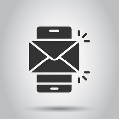 Message on smartphone icon in flat style. Mail with phone vector illustration on white isolated background. Envelope business concept.