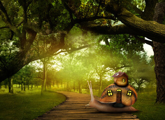 Fantasy world. Magic snail with its shell house moving in beautiful forest