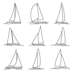 Set of simple vector images of high-speed yachts with triangular sails drawn in line style. - 397404199