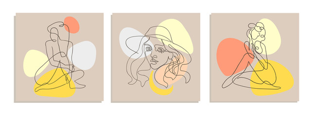 Vector set of collage modern poster with abstract shapes and one line illustrations of women body. For posters, textile print, greeting card template, social media post, banner, invitation, brochure