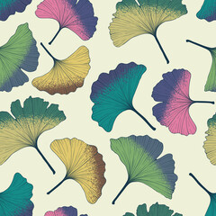 Colorful seamless pattern with ginkgo leaves.