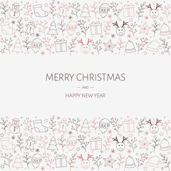 Christmas greeting card with festive decorations. Xmas background with beautiful calligraphy. Vector