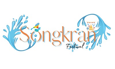 Thailand traditional festival. Songkran festival with blue water splash in frame on white background