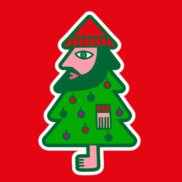 Illustration Of A Bearded Man Disguised As A Christmas Tree 