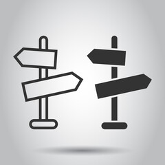 Crossroad signpost icon in flat style. Road direction vector illustration on white isolated background. Roadsign business concept.