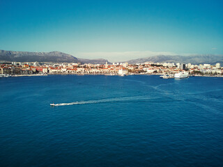 Fototapeta na wymiar Drone view of Split old town sea promenade and harbour, Croatia.