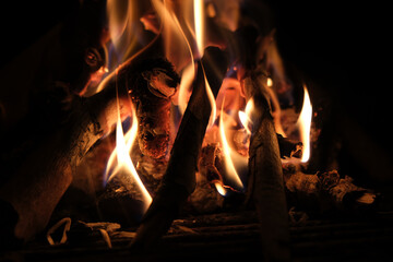 close-up of bonfire flames in the dark