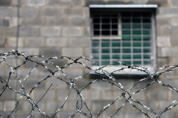 barbed wire on the background of a prison window.