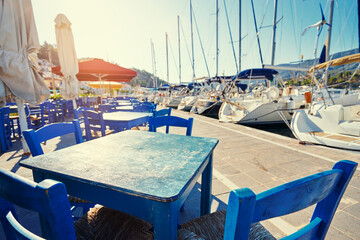 Marina harbour with beautiful white yachts in Poros, Greece.