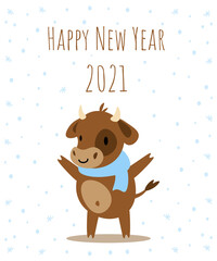 Happy New Year 2021 postcard. Cute Bull illustration