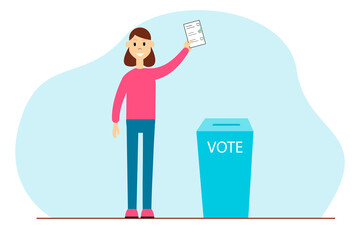 Cartoon woman putting vote into the ballot box. Democracy elections flat  illustration.