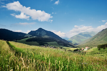 Obraz premium Alpine mountains landscape. Village on green valley land.
