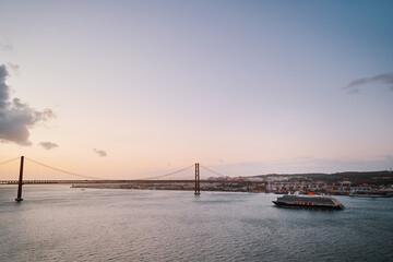 Tagus river in Lisbon. View on city shore.