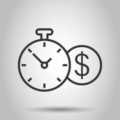 Time is money icon in flat style. Clock with dollar vector illustration on white isolated background. Currency business concept.
