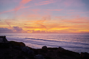 Fototapeta na wymiar Amazing sunset landscape. Ocean shore promenade. Portugal.