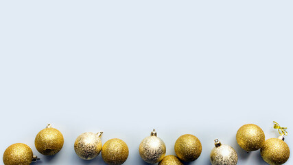  Christmas silver and golden decorations on white background. Christmas composition. Flat lay, top view, copy space.