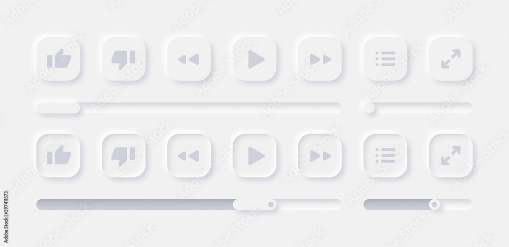 Poster online video media player ui neumorphism light version vector design elements set on background. ui 