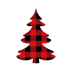 Christmas tree with Buffalo plaid ornament in red and black isolated on white background. Tartan plaid for festive background. Design for greeting card, pattern, banner.  Vector flat illustration.