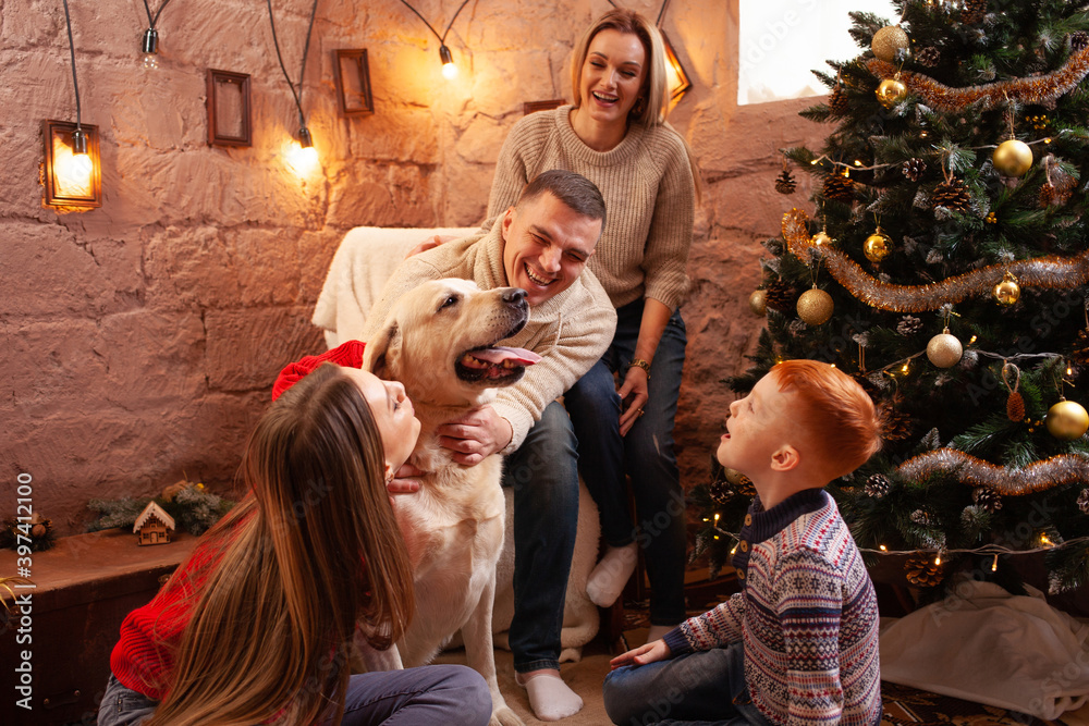 Wall mural a happy family of four and a dog celebrate the new year. dad, mom, son and daughter love the dog and